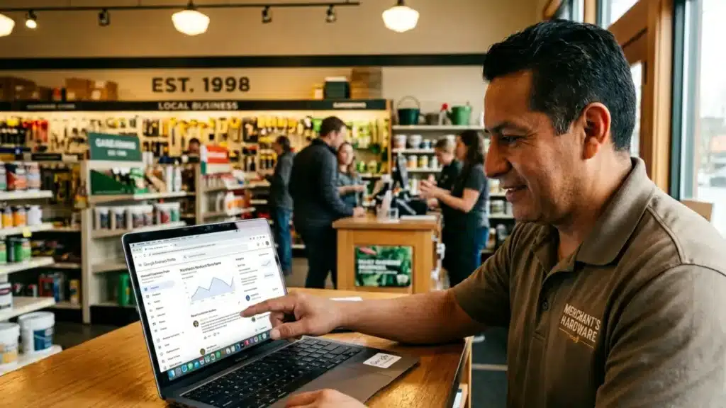 Small business owner analyzing SEO performance and website traffic on laptop in retail store for local business growth