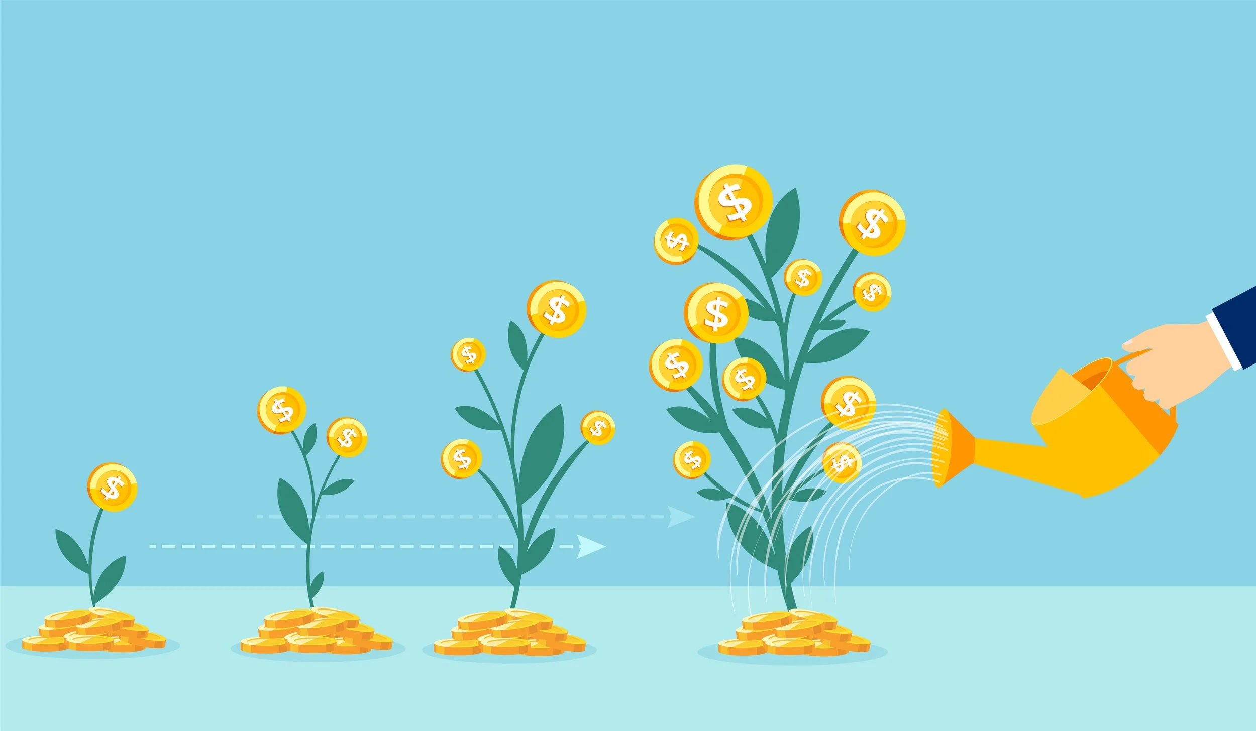 Hand watering plants growing into dollar coins symbolizing financial growth and increased sales