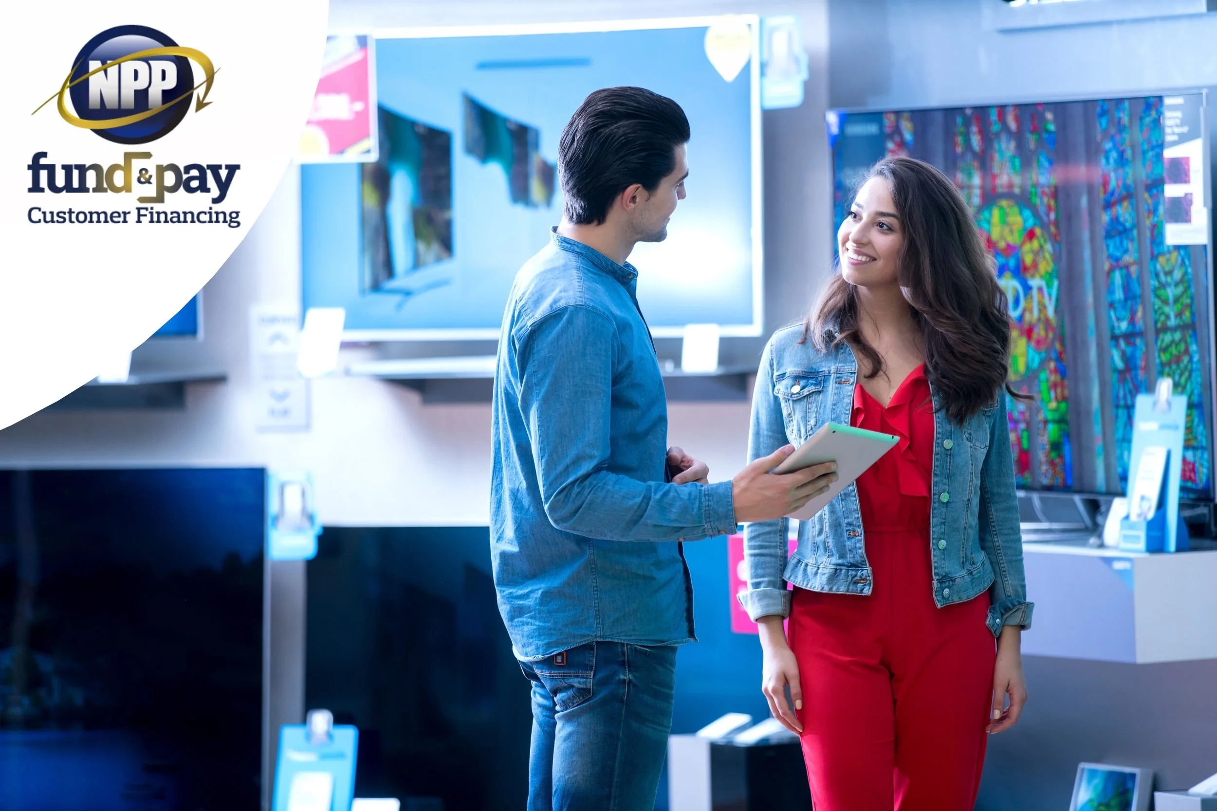 An electronics store business owner helps a woman apply for customer financing on his tablet